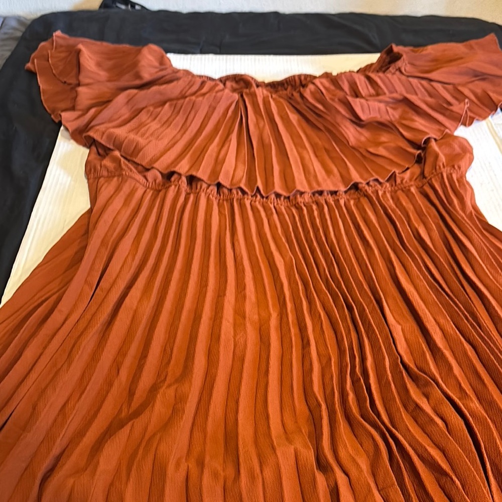 Rust Off-Shoulder Pleated Dress